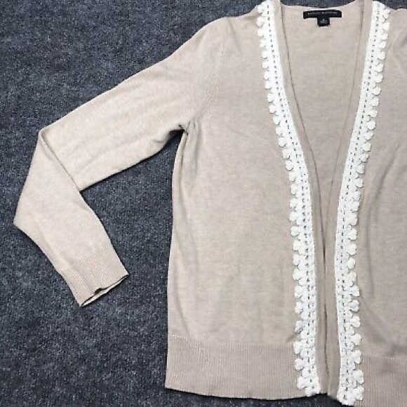 Banana Republic Tan Beige Cotton Knit Open Front Cardigan Lace Crochet Trim XS - Picture 4 of 14